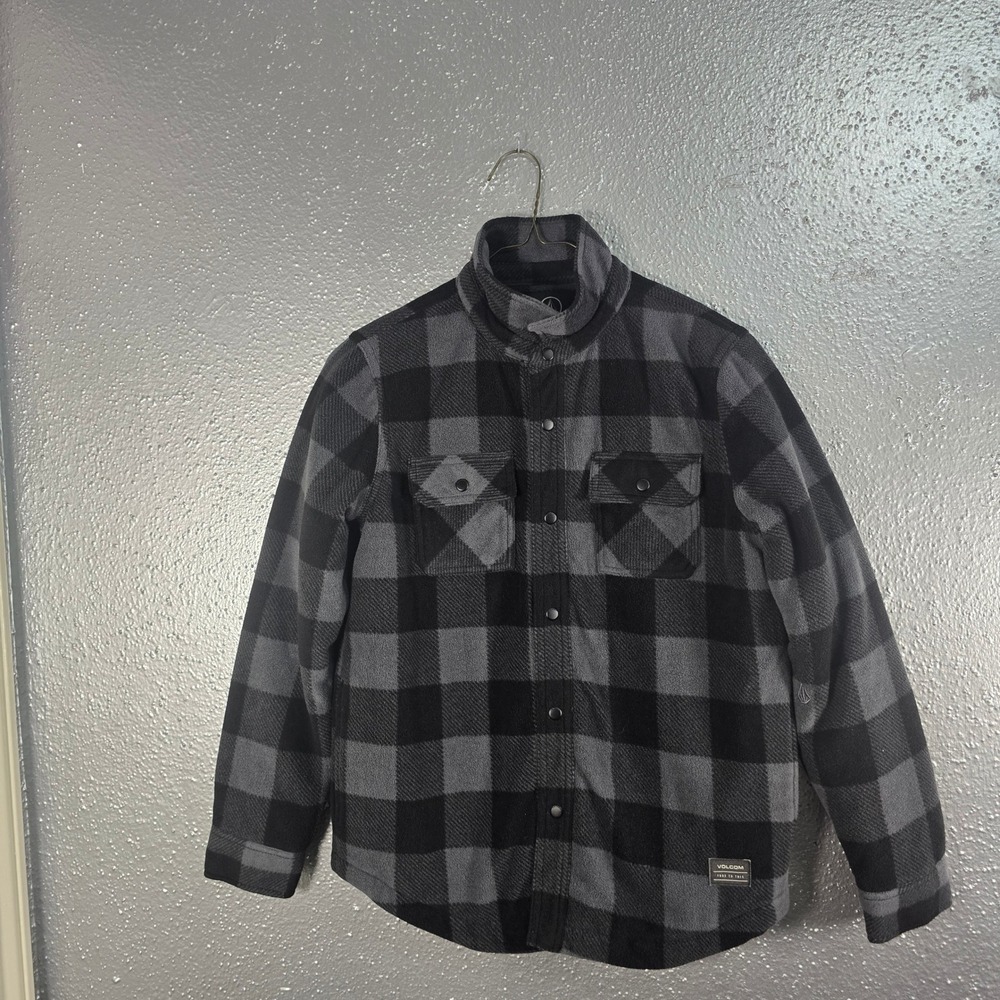Volcom Kids Grey Black Buffalo Plaid Quilted Fleece Shirt Jacket Size M 10Y
